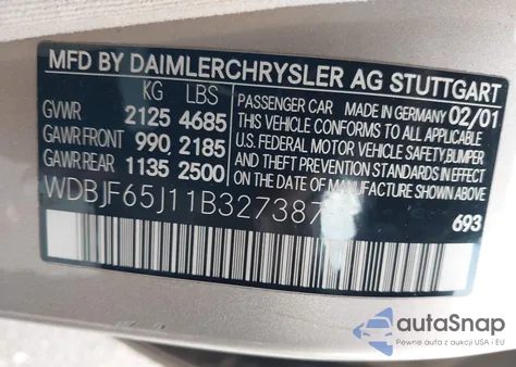 2001 Mercedes-Benz E 320 from USA, damaged, VIN WDBJF65J11B327387